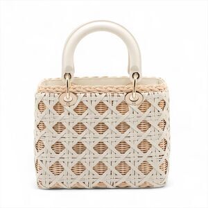 Dior Cannage Lady Handbag Beige White Leather Christian Rattan Wicker
